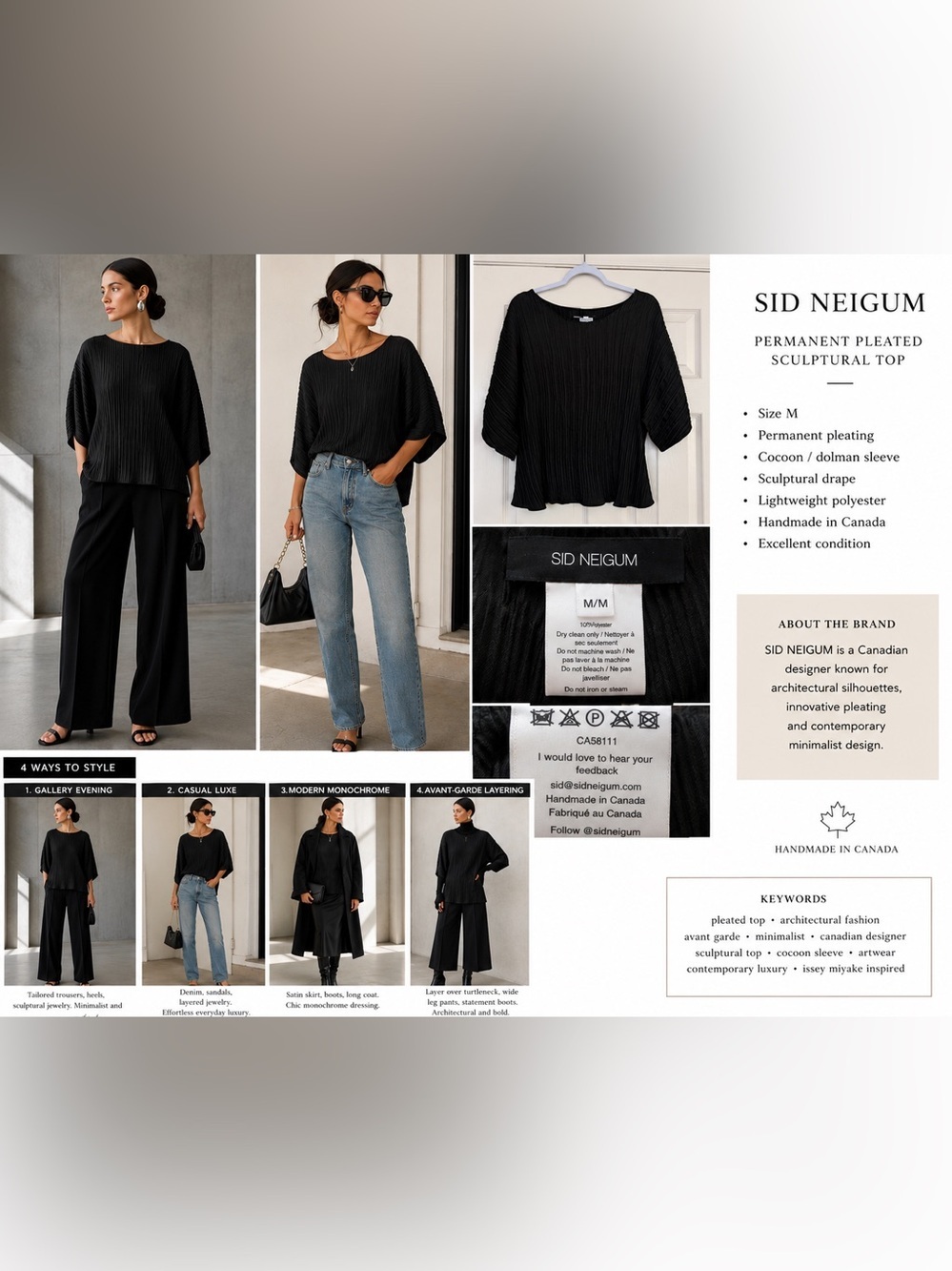 SID NEIGUM Black Permanent Pleated Sculptural Top | Avant Garde | Made in Canada